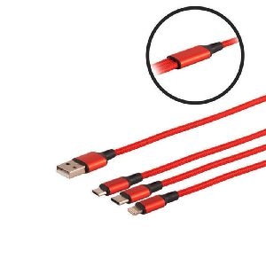 USB-A Ladekabel, 3-fach, Alu, rot, 1,2m 14-50070