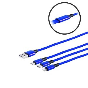 USB-A Ladekabel, 3-fach, Alu, blau, 1,2m 14-50071
